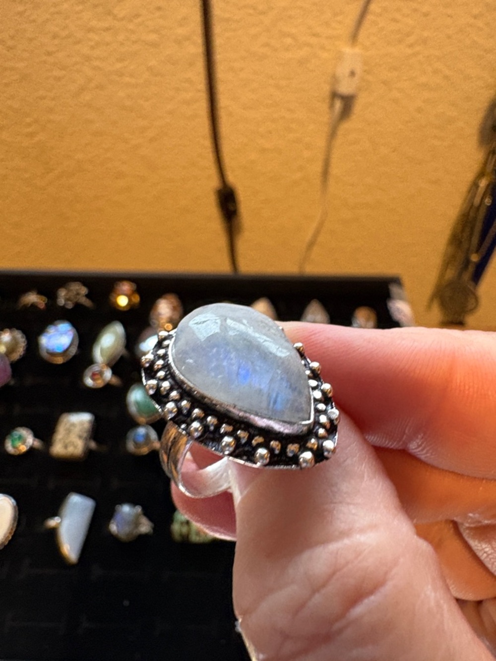 Silver Moonstone Teardrop Ring - Blue Flash